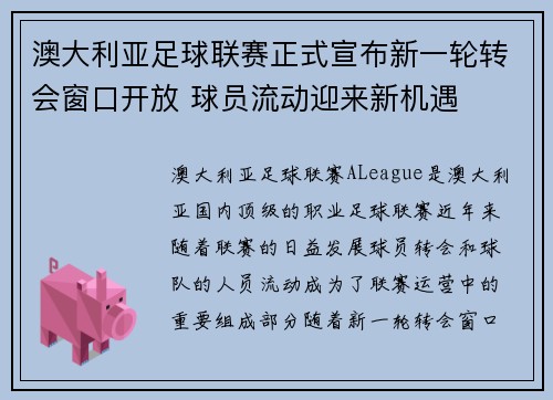 澳大利亚足球联赛正式宣布新一轮转会窗口开放 球员流动迎来新机遇