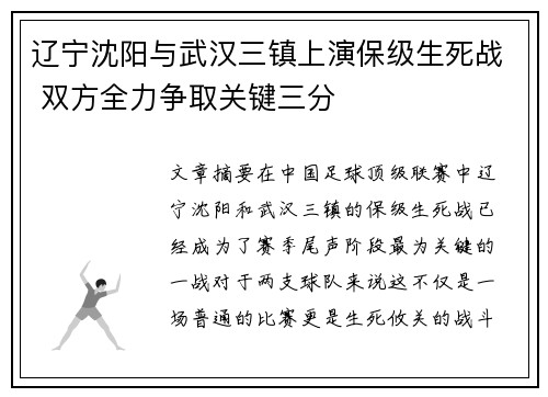 辽宁沈阳与武汉三镇上演保级生死战 双方全力争取关键三分